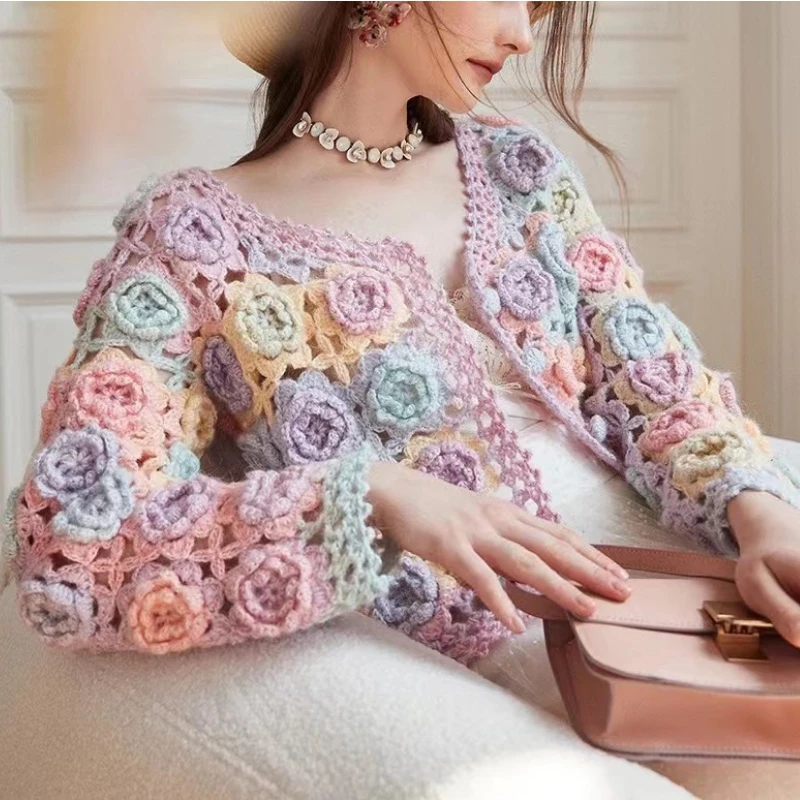 Women Rainbow 3D Flowers Sweater Coat Patchwork Hit Color Floral Crocheted Roses Knitted Cardigan Knitwear V Neck Hooked Tops