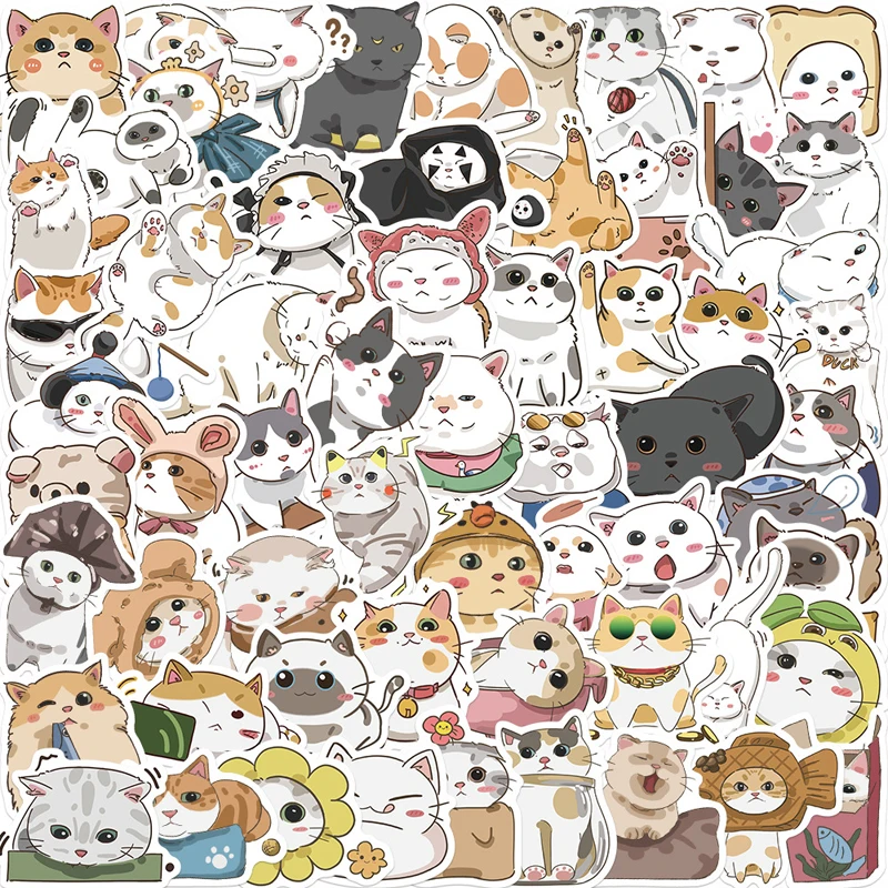 62PCS Hand-Drawn Cartoon Cat Stickers Cute Cat Graffiti Waterproof Sticker Suitcase Mobile Phone Case Laptops Kids Toys Gifts