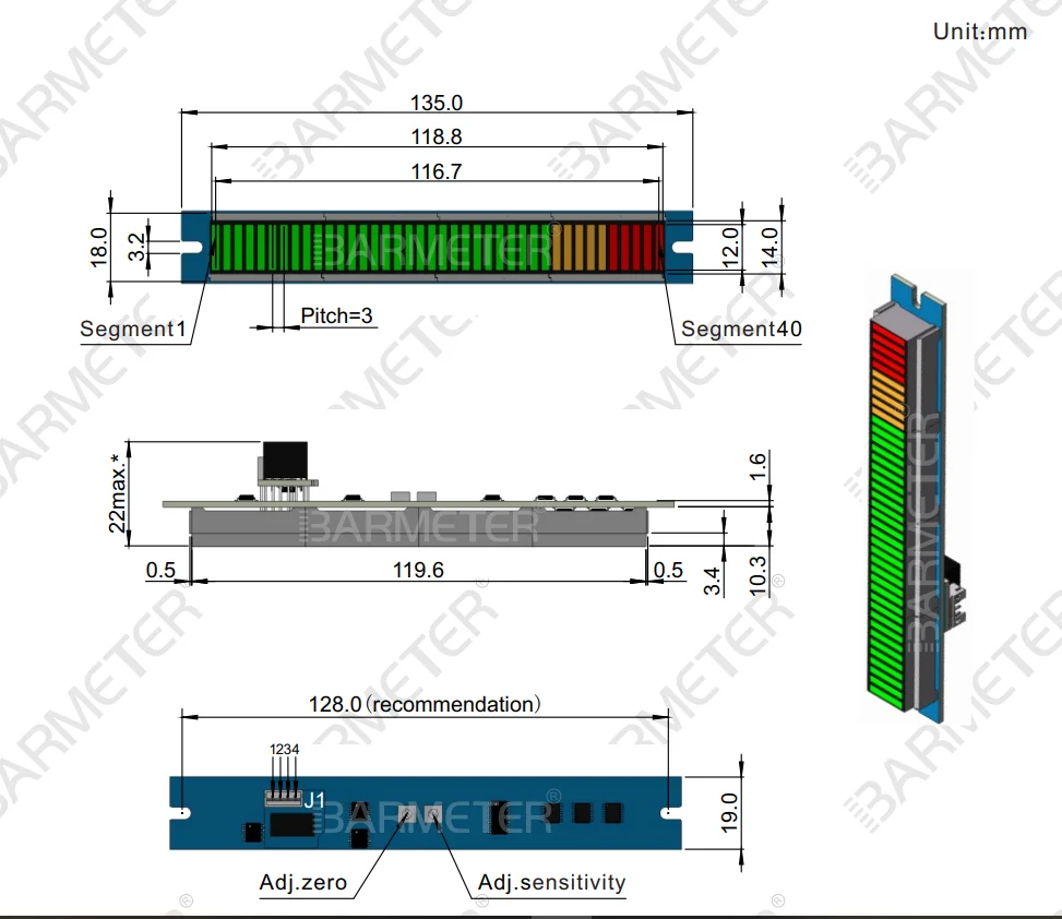 40segg LED Bargraph Display Module, DC12V Power Supply, 0-190Ω entrada de resistência, vermelho