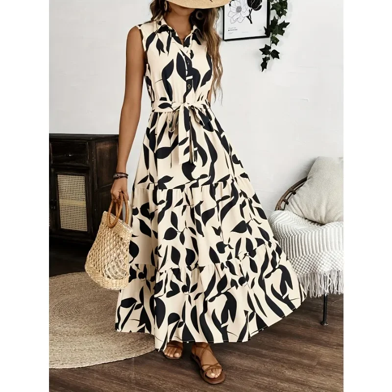 

Plus Size 1XL-5XL New Summer Women Dress V-neck Irregular Sleeve less Leaf Print Dresses Holiday Beach Casual Elegant Dresses