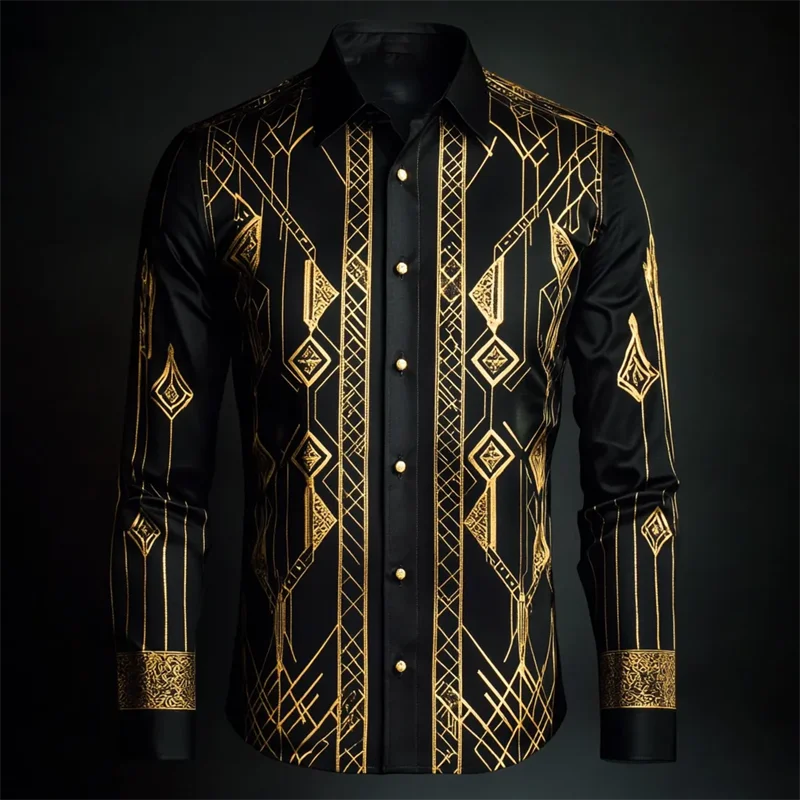 New men's Long Sleeved Shirt With Gold 3D Eagle Printing Technology  Fashionable Pattern  Luxurious Shirt Style