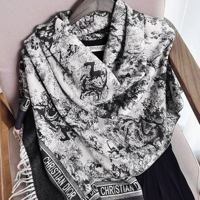 Blended Cashmere Ink Wash Printing Scarf Fashion Tassel Shawl For Women Winter Warm Scarf Neckerchief