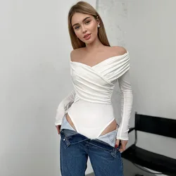 Elegant Sexy Off Shoulder Bodysuits Women Fashion Crossed Folds Skinny Rompers Long Sleeve Fashion Streetwear Autumn Bodysuits