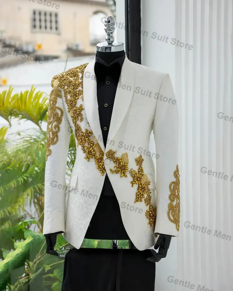 

White Jacquard Crystals Men Suits Set 2 Piece Blazer+Black Pant Prom Groom Wedding Tuxedo Office Coat Tailored Made Office Wear