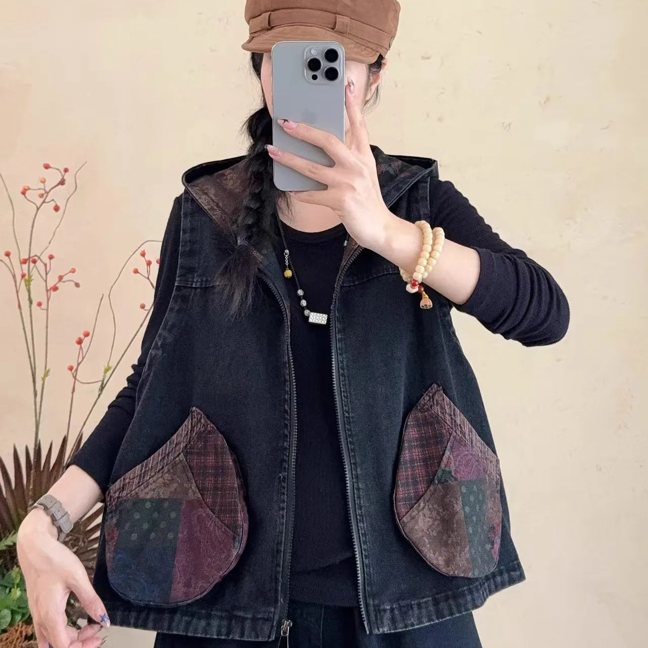 

Женский свободный джинсовый жилет, весна-осень, винтажный утягивающий повседневный открытый кардиган с капюшоном и этническим принтом, верхняя одежда