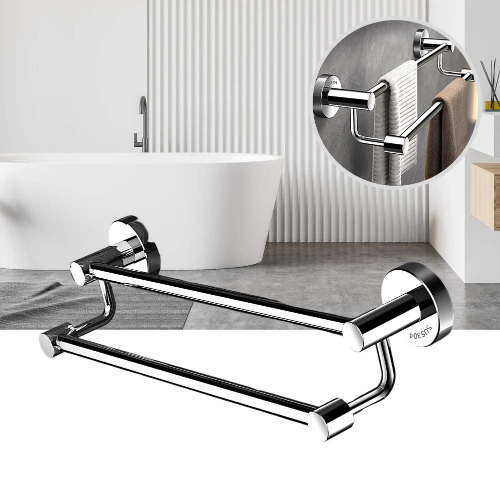 No-Drill Stainless Steel Double Towel Rack for Bathroom Use Rust-Resistant Wall-Mount Alternative Without Screws or Holes