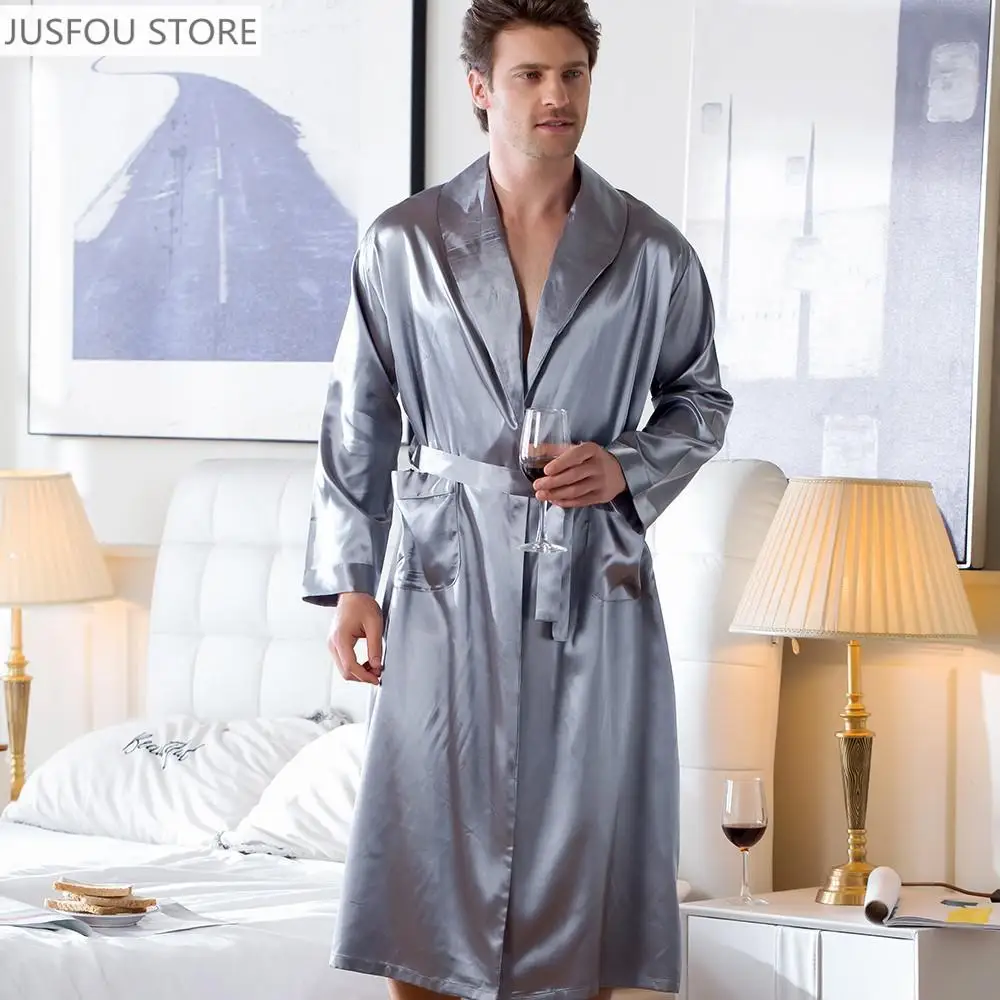 Big Size 3Xl Men Robe Loose Satin Kimono Bath Gown Casual Sleepwear Sexy Nightwear Long Sleeve Lapel Wedding Intimate Lingerie