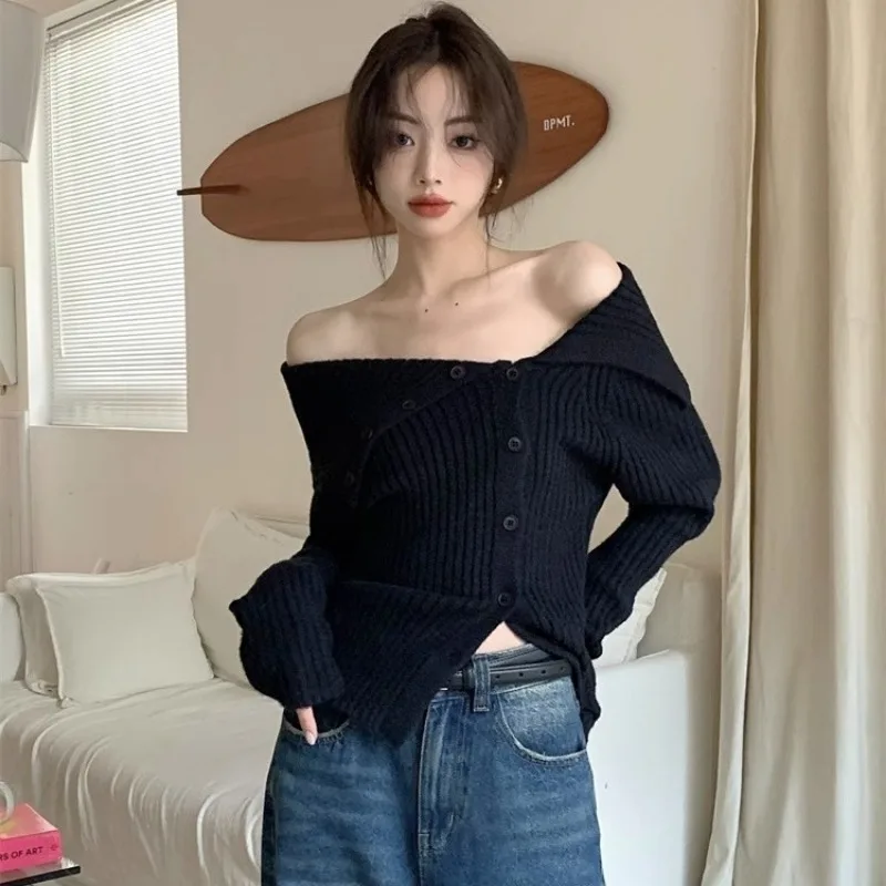 Women Sexy Off Shoulder Chic Sweet Y2K Asymmetrical Rib Knitted Sweater Korean Fashion Casual Solid Slim Long Sleeve Outerwears