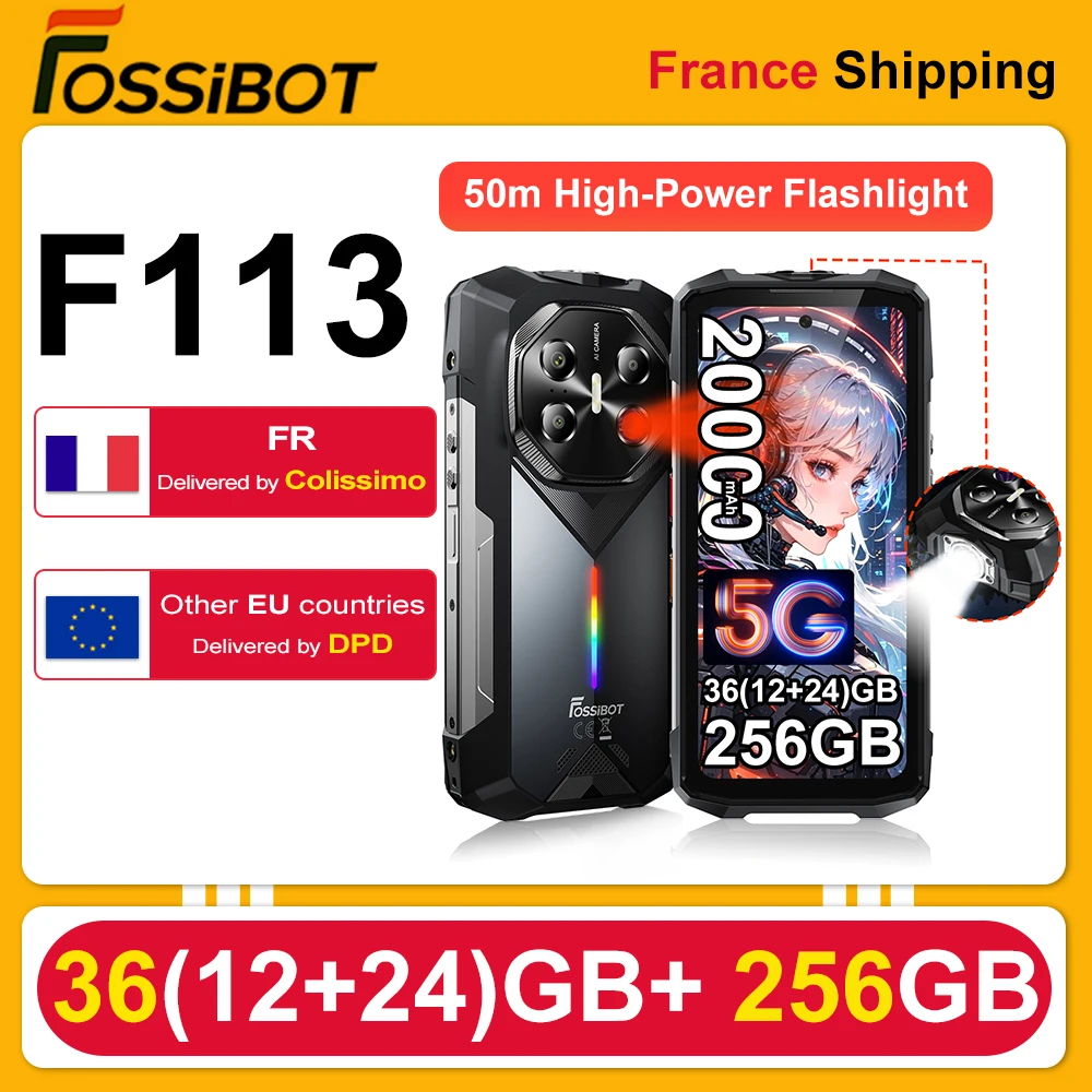 Smartphone Ruggedisé FOSSiBOT F113 5G 36(12+24)Go+256Go Batterie 20000mAh Téléphone Portable 33W Android 15 NFC Lampe de Camping 64MP 120Hz