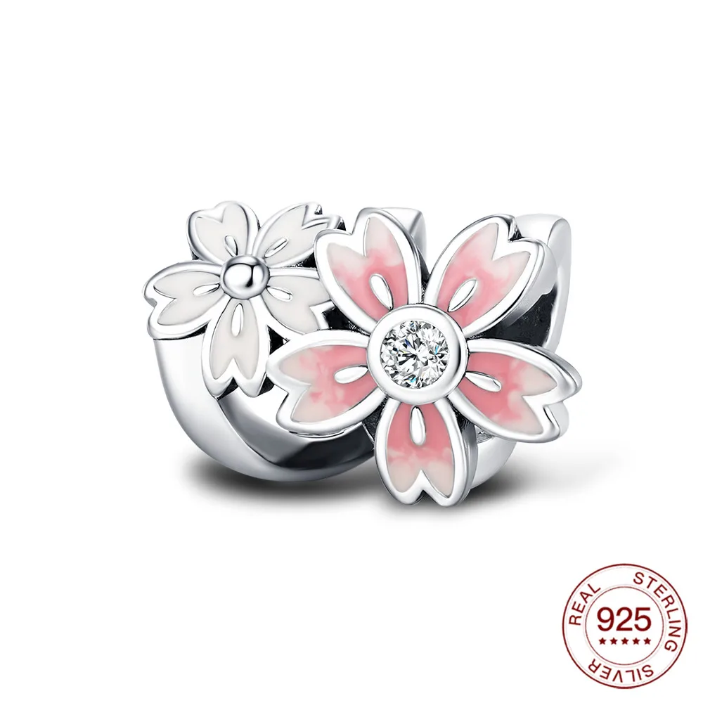 925 Sterling Silber Rosa Kirschblüten-Charms Naturanhänger Passend für Original-Armbänder DIY Schmuckherstellung für Frauen Geschenke