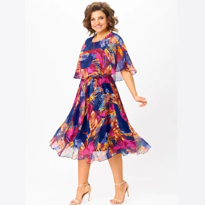 Summer Fashion Printed Dress Women's Casual And Comfortable Round Neck Design Ruffled Edge Medium Length Dress For Women