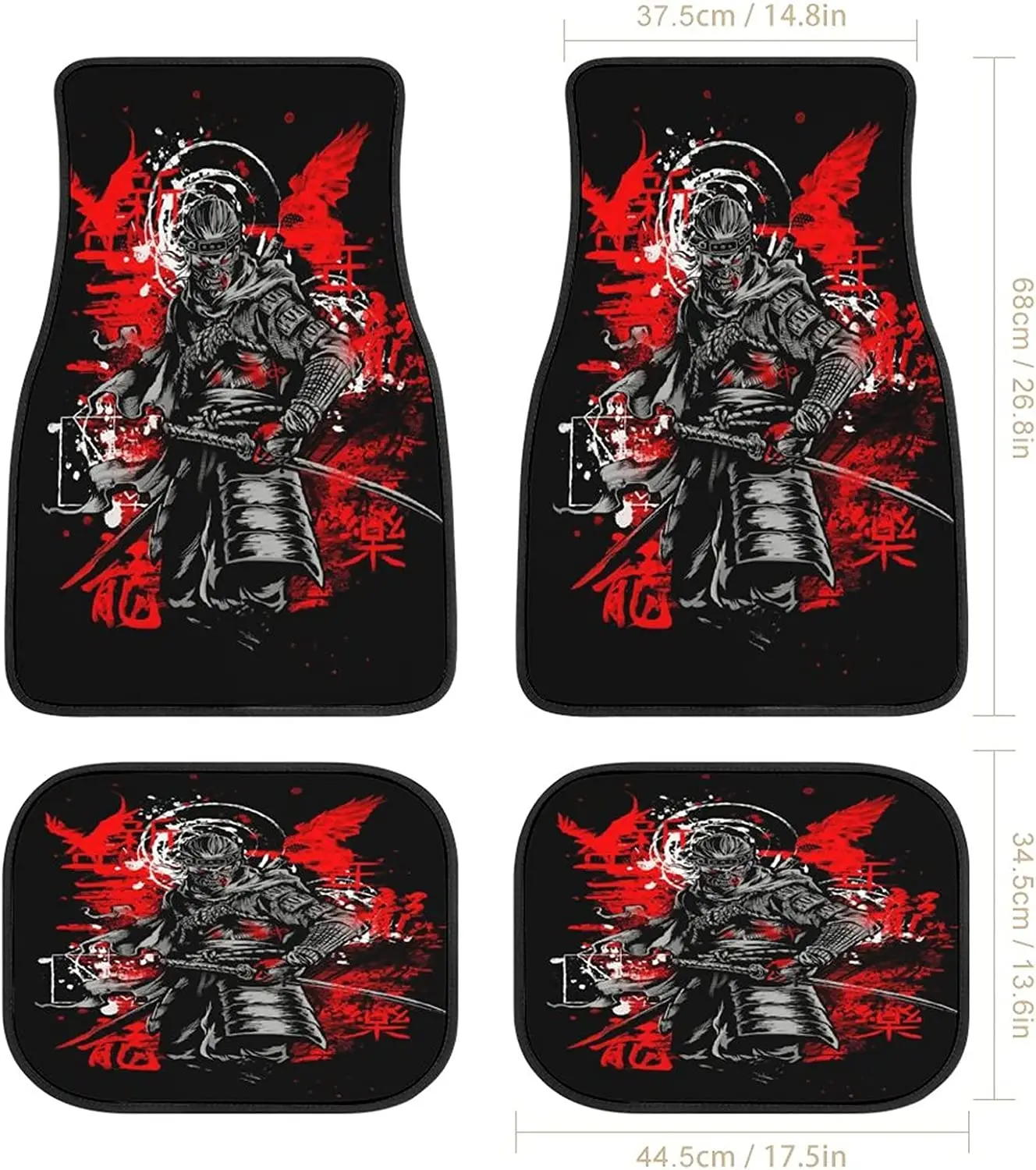 Japanese Dark Samurai Cool Car Mats Front&Rear 4-Piece Full Set Carpet Car SUV Truck Floor Mats with Non Slip Back