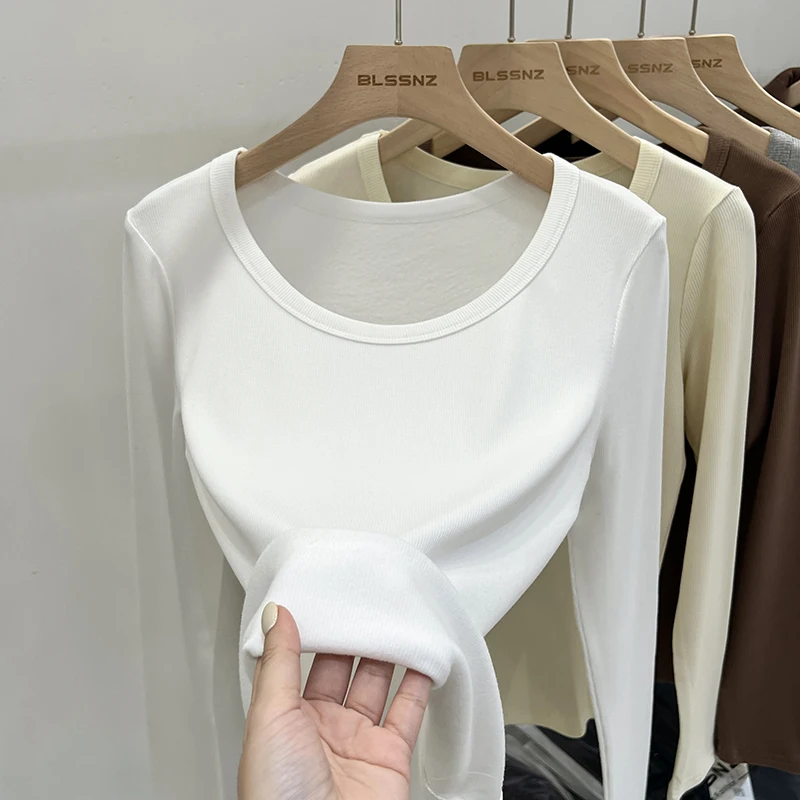 New Fleece-lined Thick Brushed Low O-Neck Autumn Winter Solid Slim Long-Sleeved T-shirt Women Simple Versatile Base Layer Top