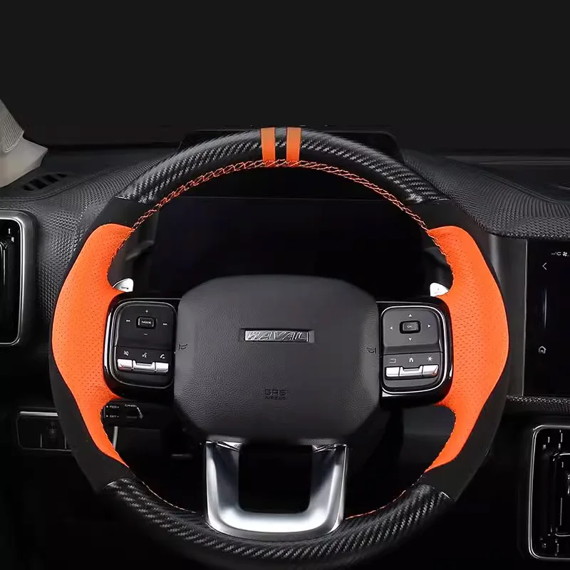 Genuine Micro Fiber PU Leather Carbon Fibre for Haval Dargo Hand Sewing Car Steering Wheel Cover Shell Car Accessories Orange