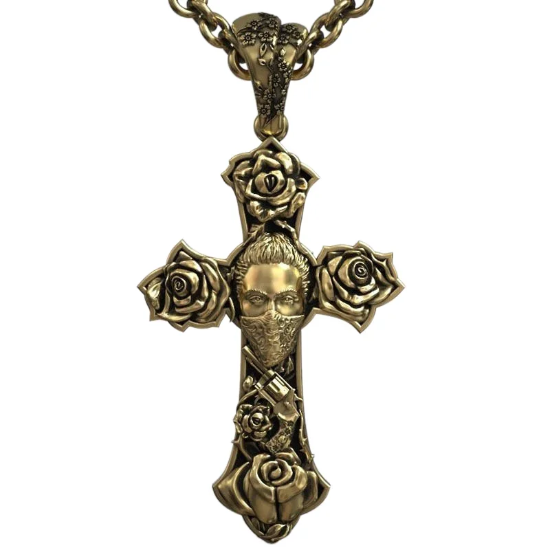 

8g Chicano Tattoo Style Roses Pattern Skull Cross Gold Pendant Women Customized 925 SOLID STERLING Silver Pendant