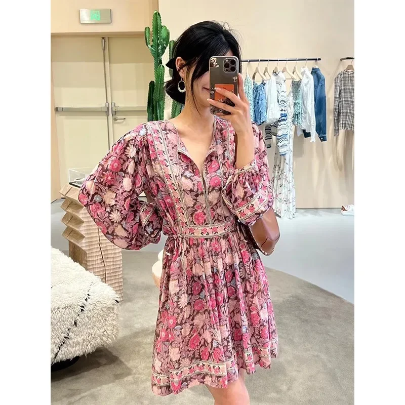 

French Romantic Retro Dress Spring and Summer Round Neck Tie Loose Silhouette Floral Print Cotton Puff Sleeve Dress