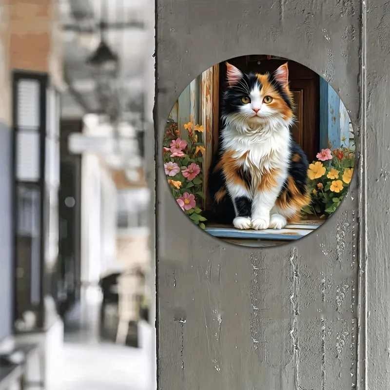 Vintage Calico Cat,Floral Aluminum Wall Plaque,EasyWall-Mounted Home Decor for Bedroom,Living Room,Bar,Indoor,Vintage Room Decor