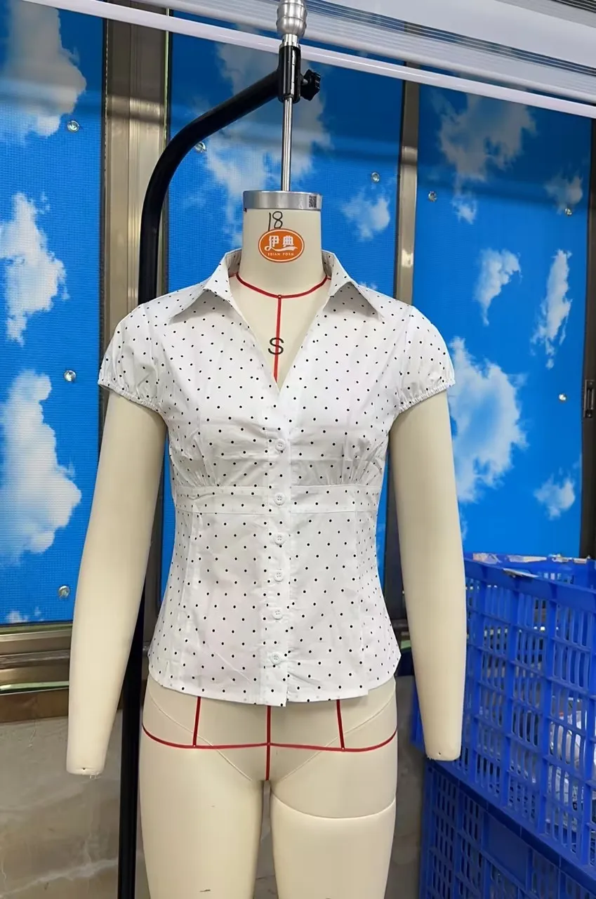 

Women's Button Down Shirts Cap Sleeve V Neck Dots Print Slim Fit Tops Summer Shirts