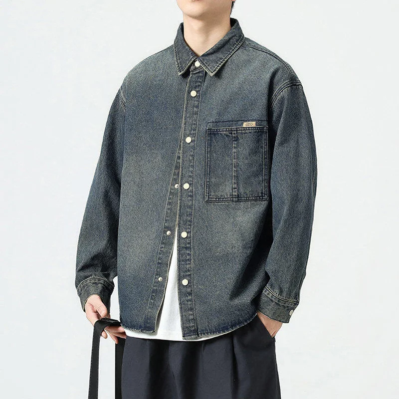 Loose Casual Long Sleeve Plus Size Denim Shirt Men Cityboy Streetwear Oversize Jeans Cargo Shirt Blouse Jacket