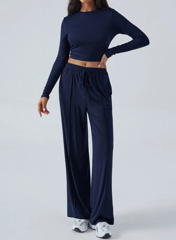 

Y2K Womens Basic Two Piece Outfits Spring Autumn Round Neck Long Sleeve Yoga Crop Top Elastic Wide Leg Pants Set Female Sporty