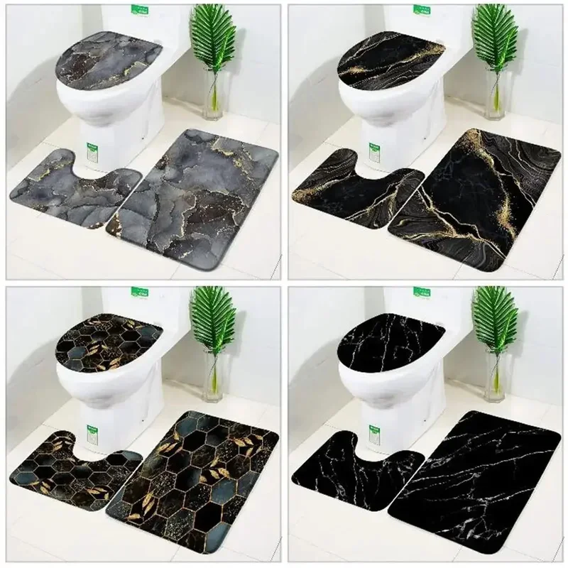 Black Marble Bath Mats Gold Grey Lines Creative Abstract Geometric Art Home 3pcs Sets Bathroom Door Rug Anti-Slip Toilet Lid Mat