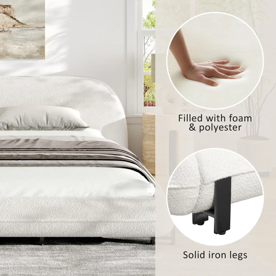 King Size Bed Frame with Boucle Fabric, Upholstered Platform Bed with Curve-Shaped Design and Thick Headboard, White Wear Resis view 5