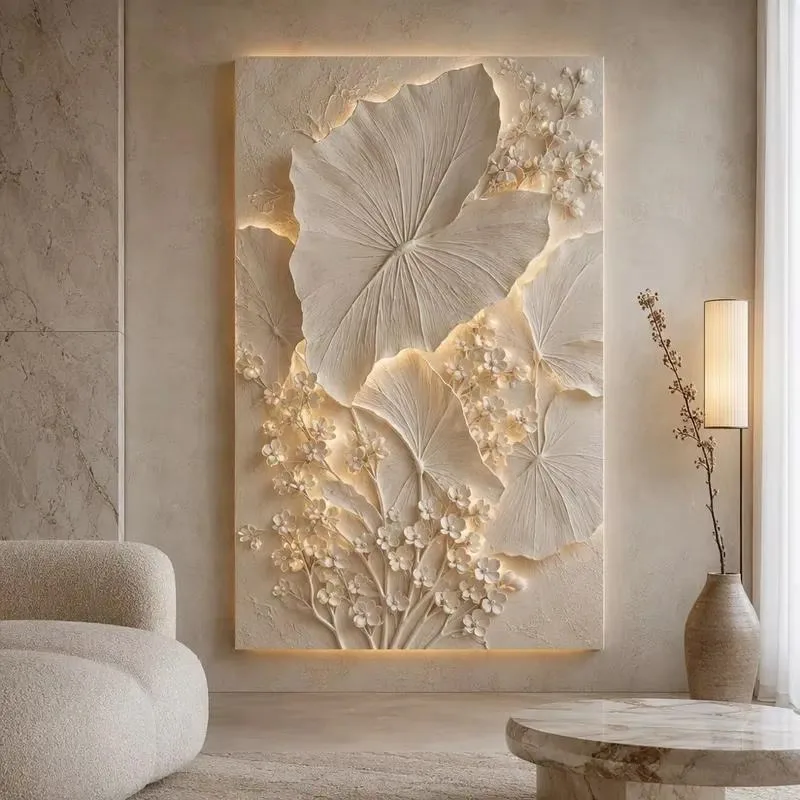 Deluxe 3D Plant Relief Wall Art Painting with LED Backlight Custom Flower Leaf Panels for Hotel Villa Home Decoration