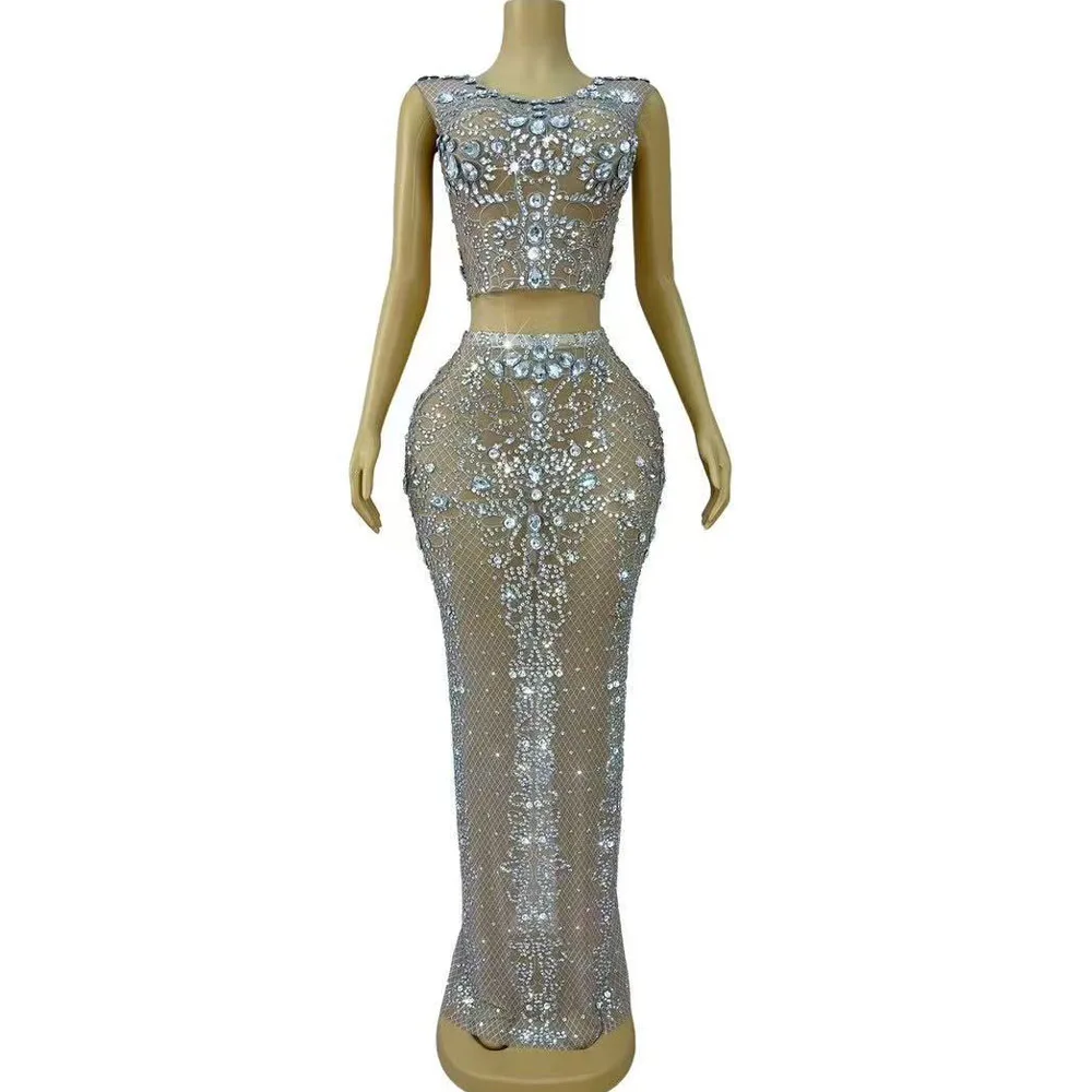 Sexy Stage Sparkly Rhinestones Mesh Skirt 2pcs Set Women Party Wedding Prom Elegant Gown Red carpet Stage Photoshoot Dress