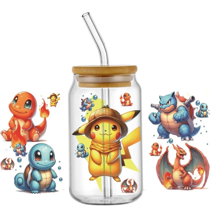 Miniso-3D Pokémon Decal, Adesivo De Transferência Lavável, UV DTF Cup Wrap para 16oz Libbey, DIY Dos Desenhos Animados