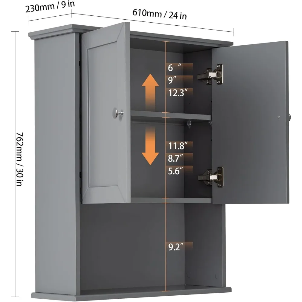 Grey Wall Mounted Bathroom Cabinet 24x30 Inch Wooden Over Toilet Storage Cabinet with 2 Doors, Above Toilet Medicine Cabinets fo