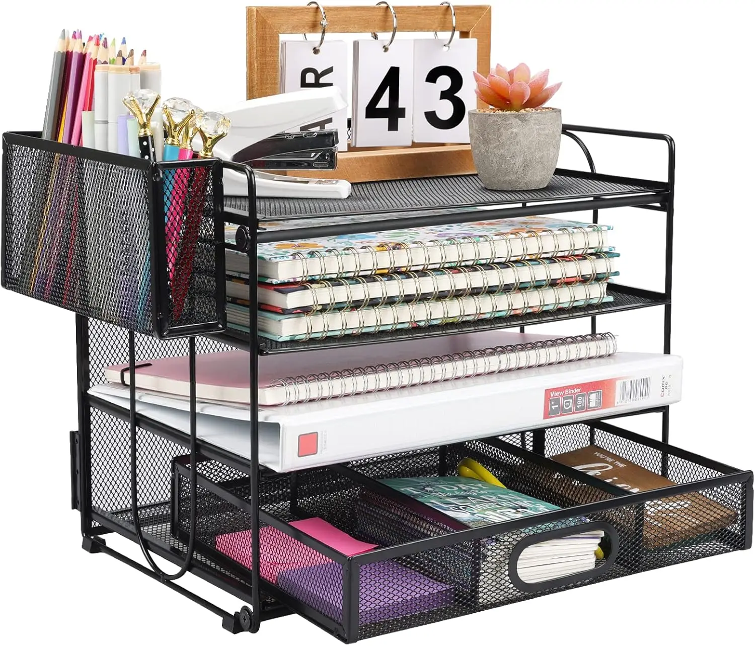 5 Tier File Organizer for Desk, Mesh Desk Organizers with Drawers and Pen Holder, Letter Trays for Desk  School Office Teacher S