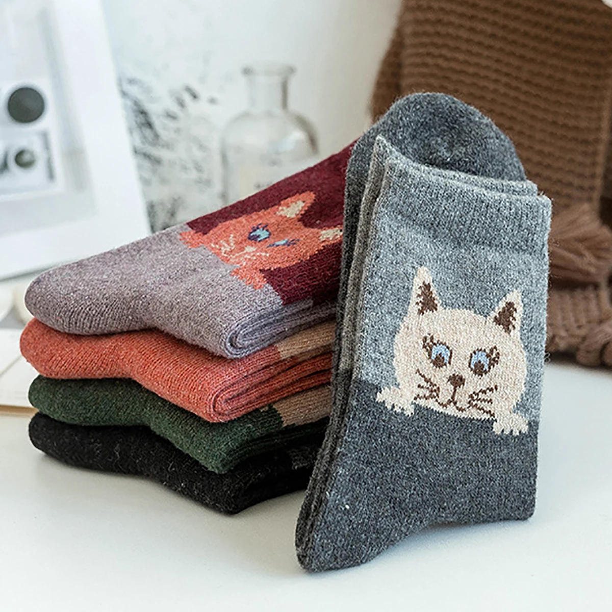 5 Pairs Cartoon Cat Print Socks, Comfy