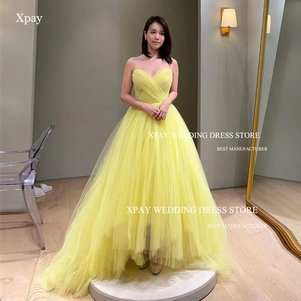 

XPAY Sweetheart Yellow Korea Wedding Reception Dresses Strapless Pleat Tulle Photos shoot Customized High Low Formal Party Dress