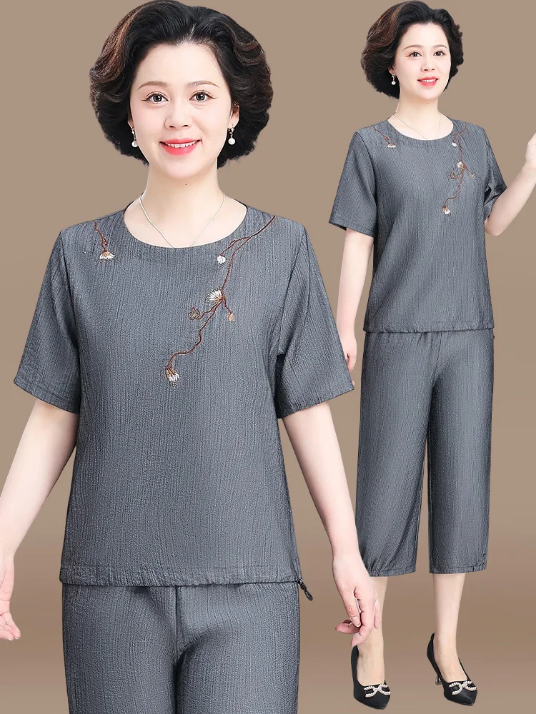 

Летний модный комплект из хлопка и льна с коротким рукавом для женщин среднего возраста и пожилых женщин, удобный, свободного кроя, с круглым вырезом
