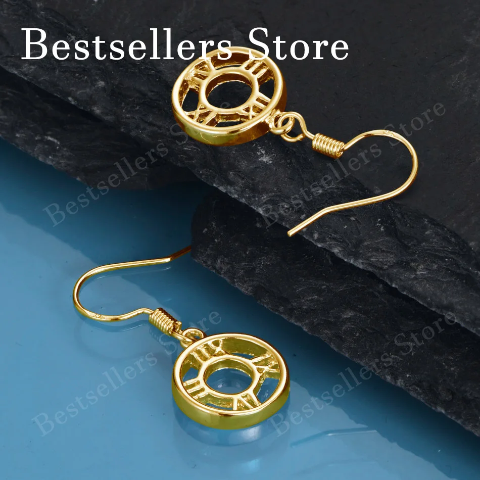 925 Sterling Silver 18K Gold Plated Simple Openwork Compass Round Earrings for Women's Fashion Jewelry