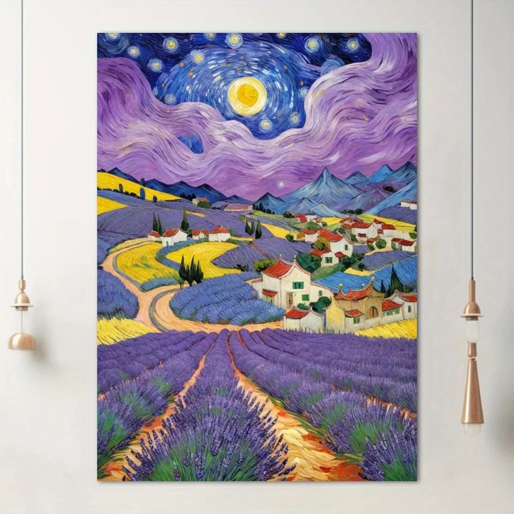 Pintura al óleo Digital de pueblo de campos de lavanda de Van Gogh, paisaje impresionista, sala de estar, decoración del hogar del dormitorio
