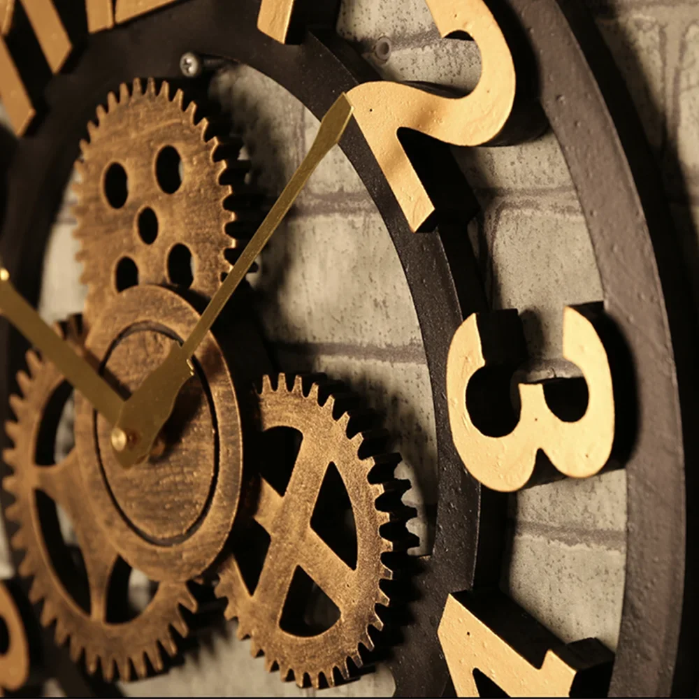 Gear Large Wall Clock Modern Design Clocks Quartz Time Mute Watch Wooden Decor 3D Vintage Horloge
