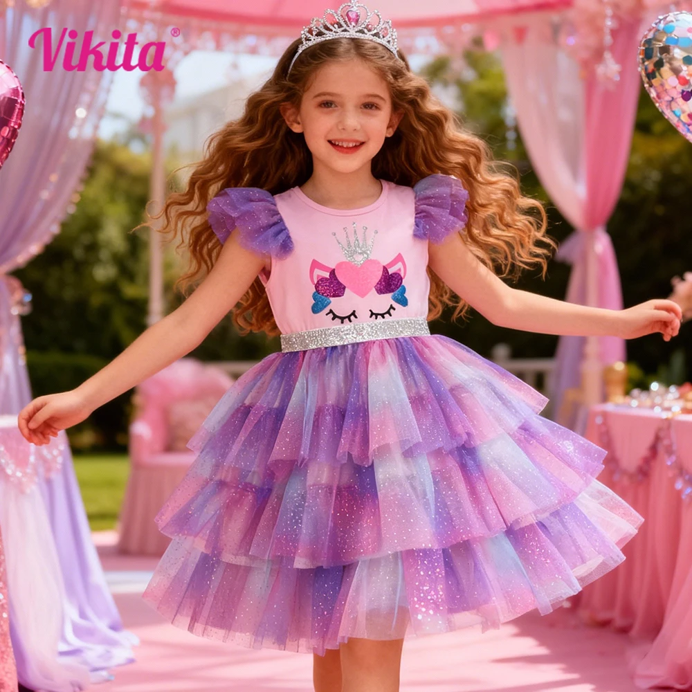 Mädchen Kleinkind Einhorn Kleid Rosa Lila Farbverlauf Glitzer Tüll Krone Herz Design Flauschig Layered Niedlich Party Casual Alltag Kleider