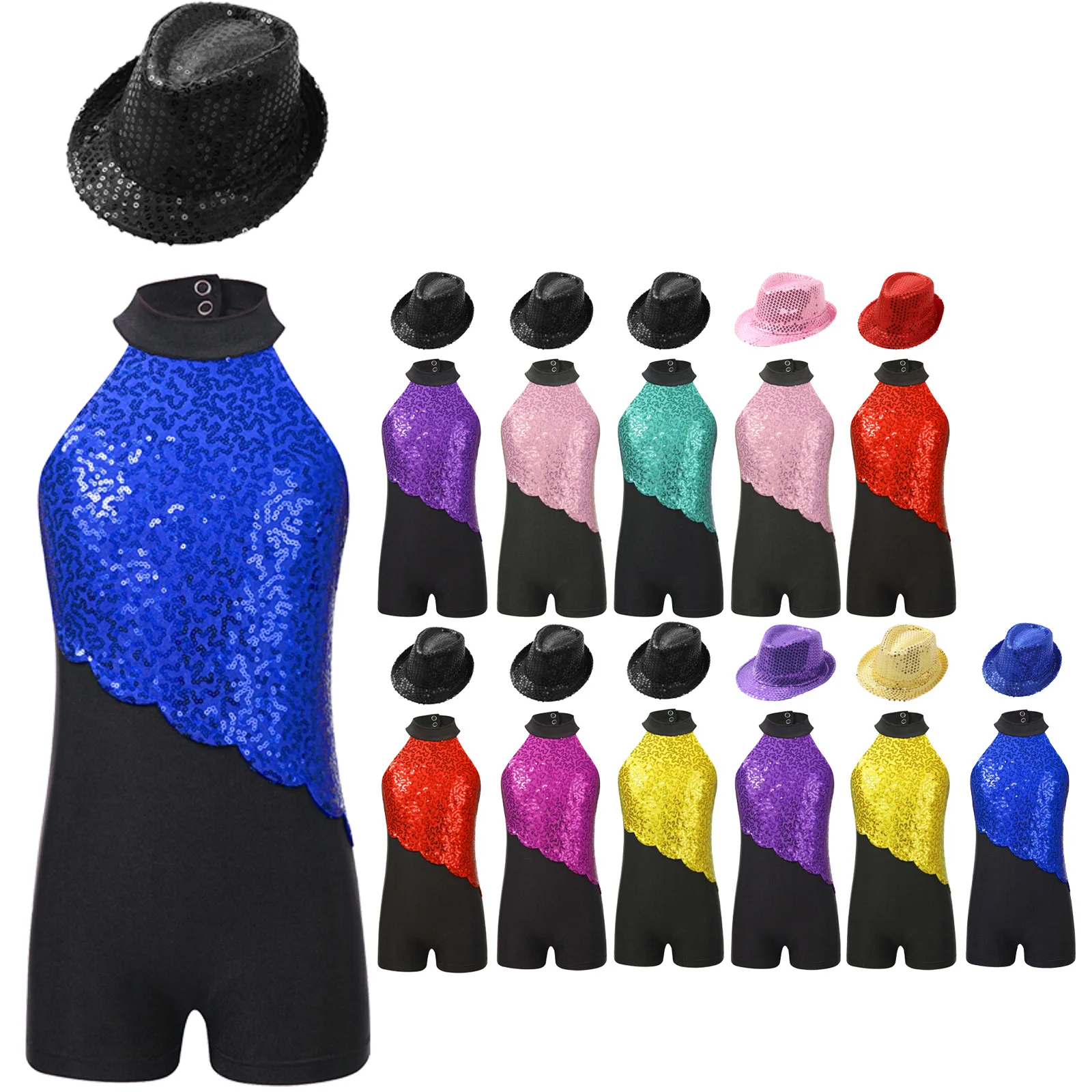 Strój do tańca jazzowego i latynoamerykańskiego, kombinezon z odkrytymi plecami, bez rękawów, cekinowy, z kapeluszem, zestaw taneczny, tango, cekinowy trykot