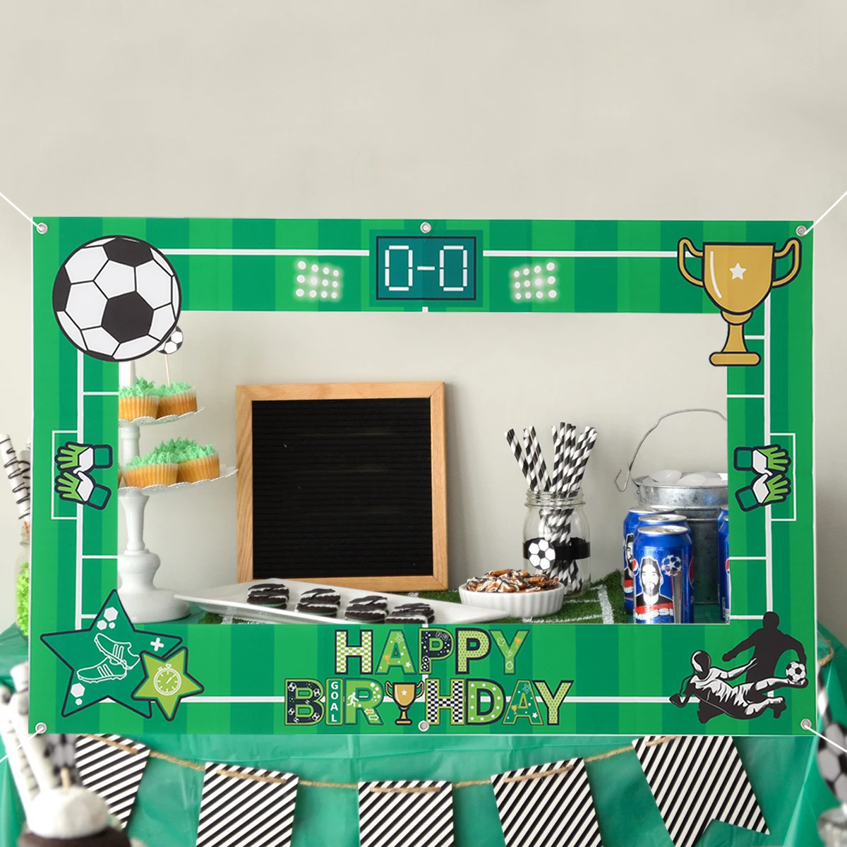 サッカーの誕生日パーティーの装飾、ビニール写真の小道具、サッカーをテーマにした、ブースフレーム、子供の誕生日スポーツパーティー