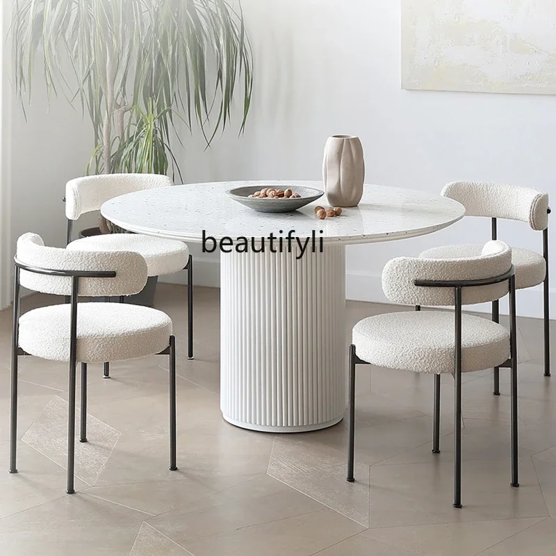 French cream style simple modern rock slab Roman column round table small apartment terrazzo dining table