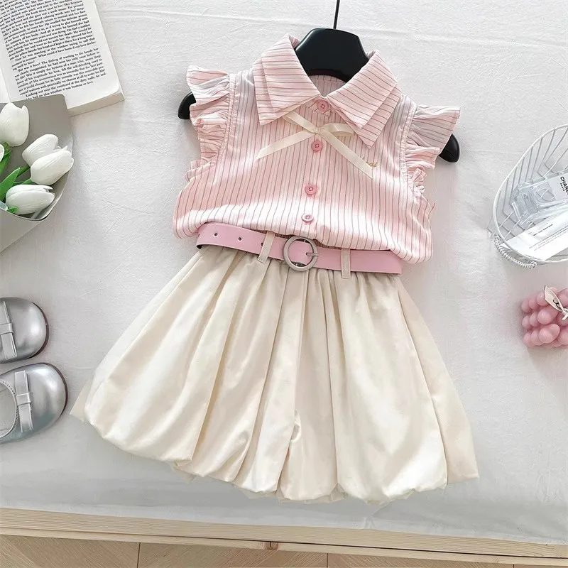 

TOY-Girls' Preppy StyleSuitSummer2025New Fashionable Children's Shirt for Girls, Big Kids Summer Outfit, Stylish Two-Piece Set