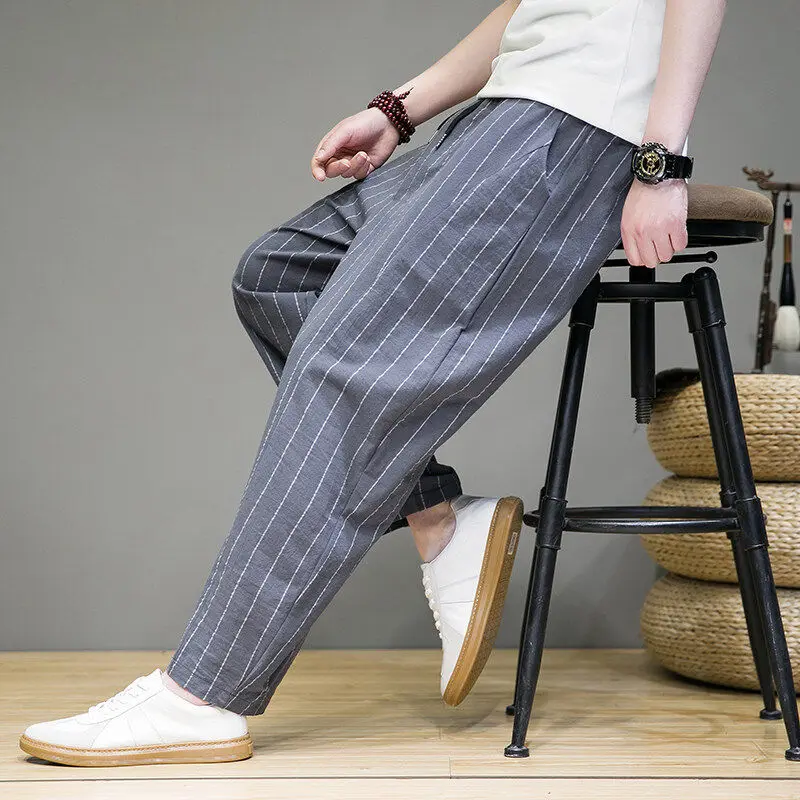

Summer Men's Casual Loose Linen Pants Striped Nine-Piece Thin Harem Cotton Linen Breathable Elastic Waisand Long Trousers