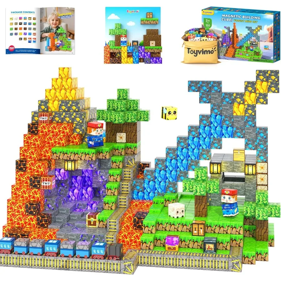 

150PCS Magnetic Blocks - Build Mine Magnet World Building Blocks with Magnet Board for 3 4 5 6 7 8 9 10 Year Old Boys and Girls