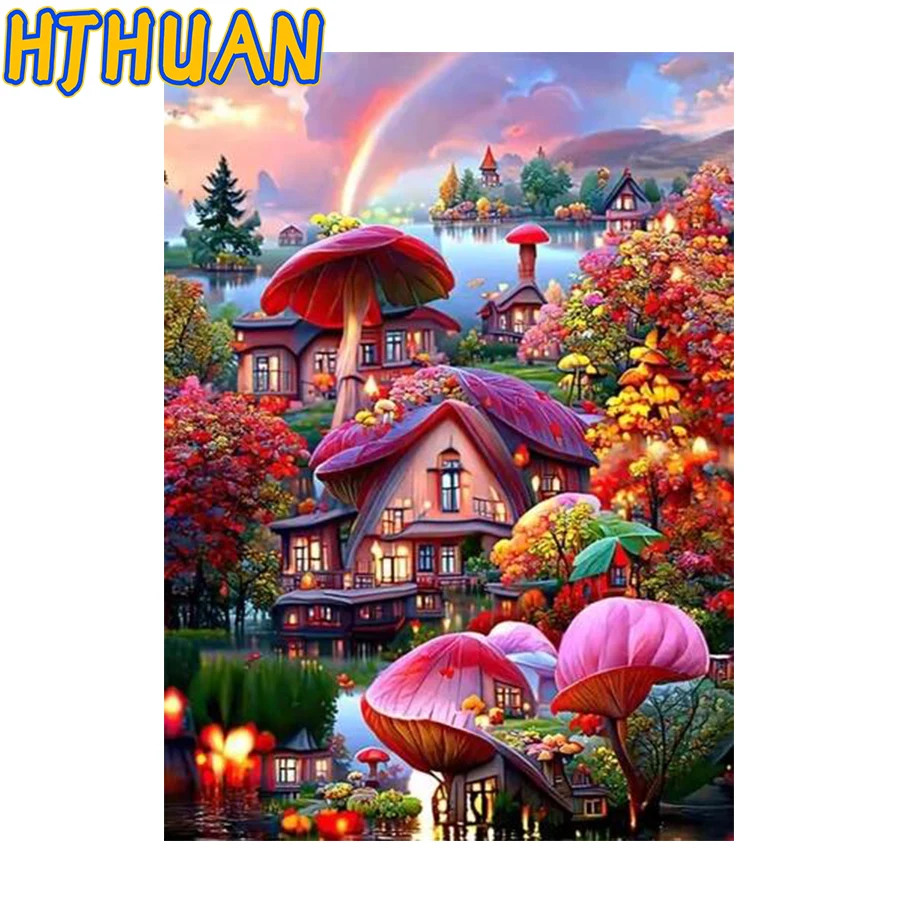 Diamond Painting, Mushroom House View, Rose Castle, Flower Diamond Cross Stitch, Full Round, Square Drill, Mosaic Wall Art Pictu