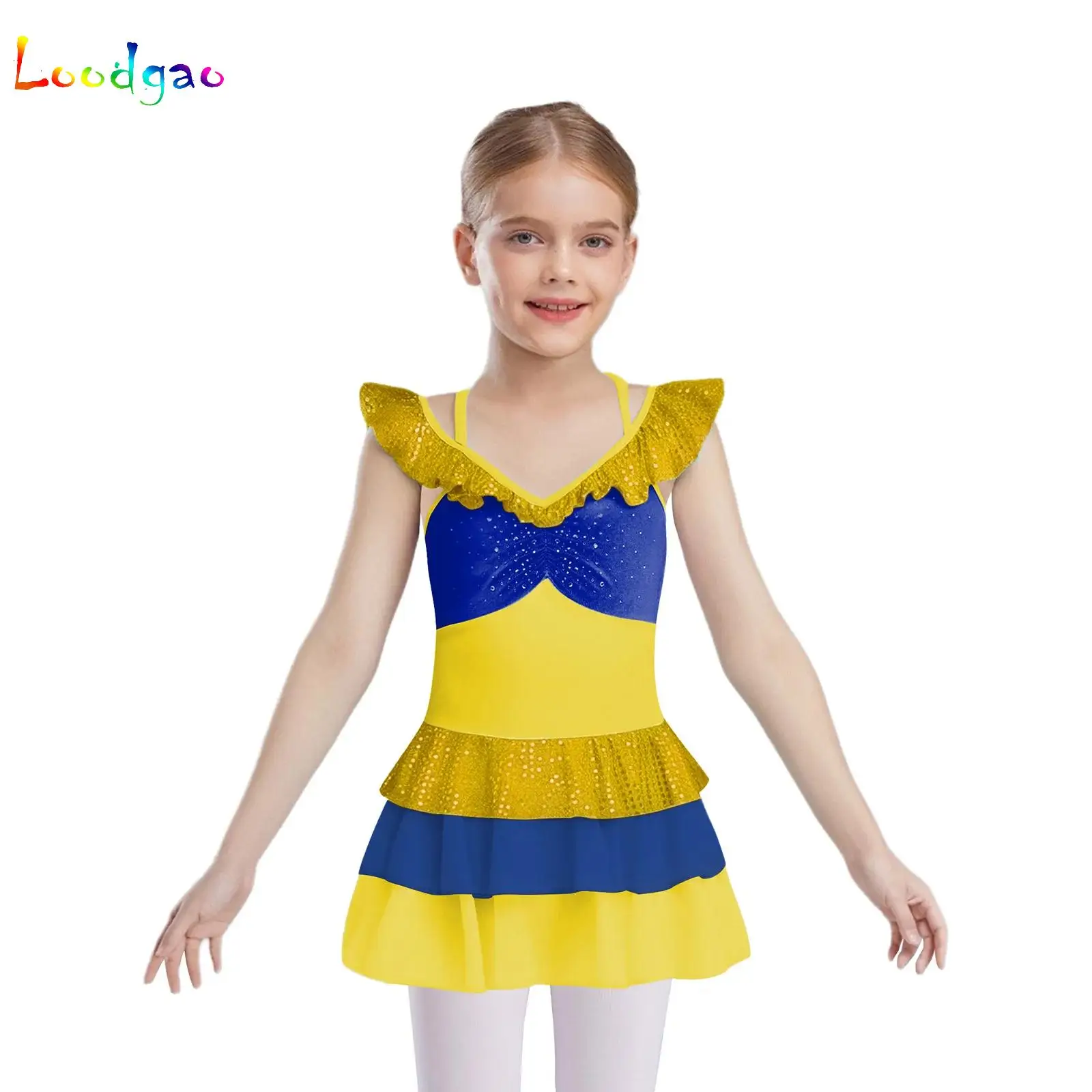 

Girls Figure Ice Skating Dress Dance Performance Costume Sequin Mermaid Gymnastics Ballet Tutu Leotard Kids Tiered Ruffled Dress