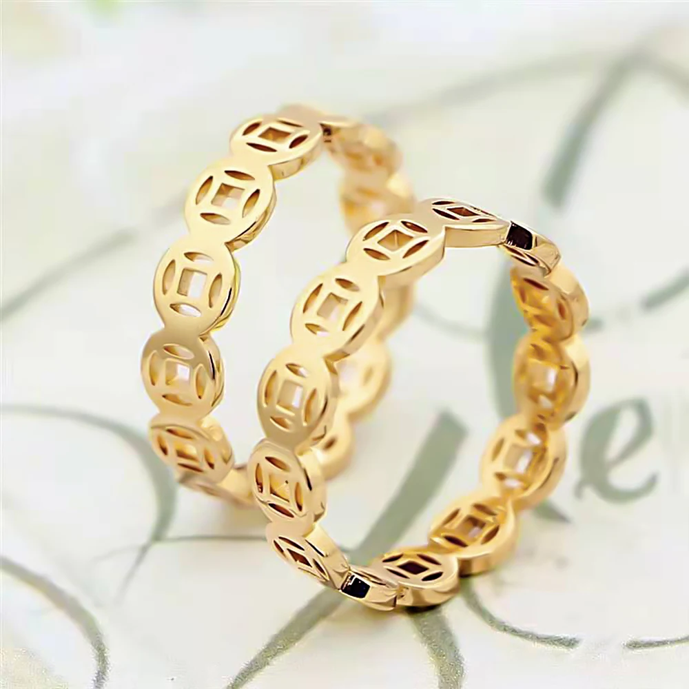 Titanium Steel Gold Ring Wealth Lucky Charm Ring Money Catcher Coin Stainless Ring Feng Shui Pixiu Mantra Rings Men Women Gift