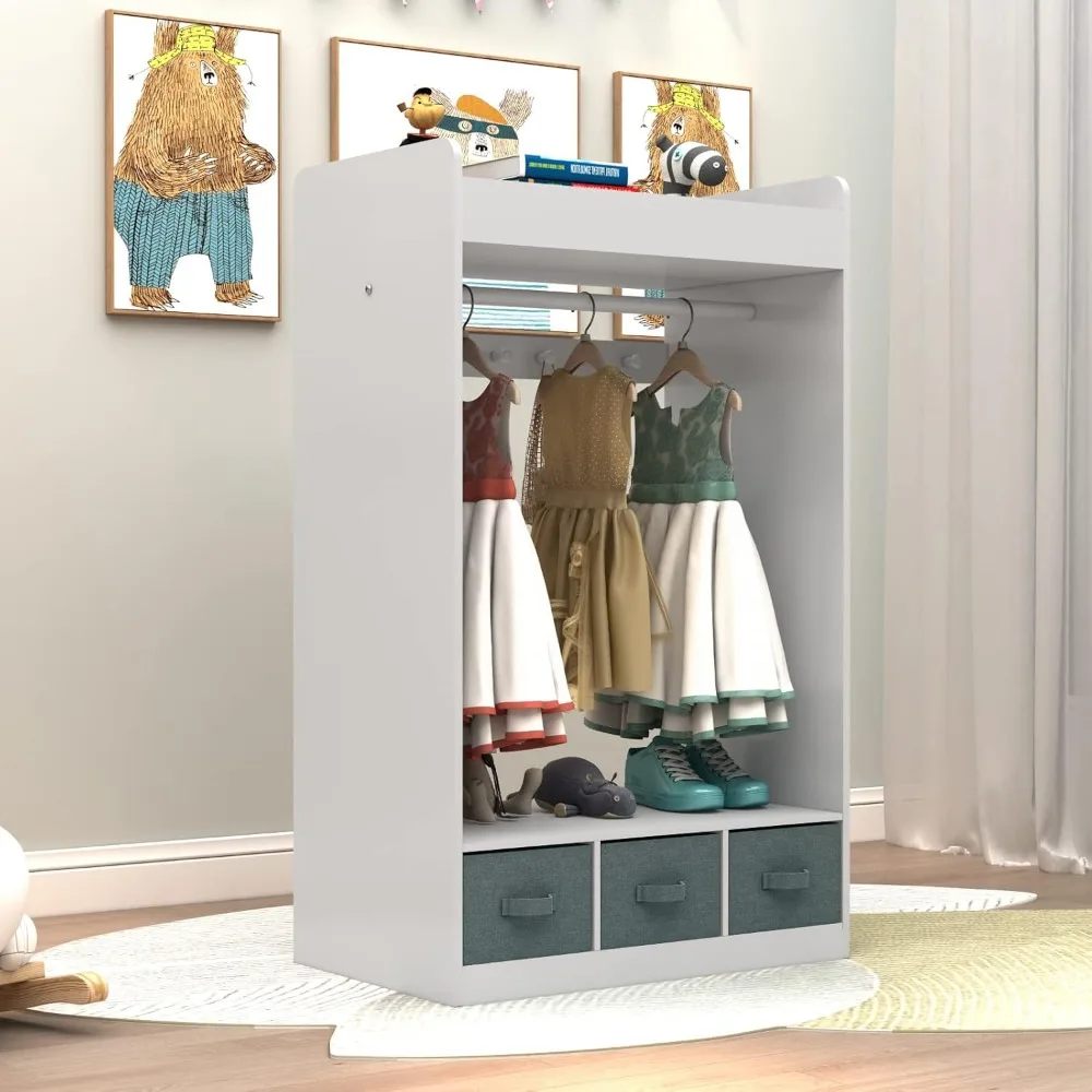 Armoire Wardrobe Closet - Open Hanging Dresser with Mirror-Dress-Up Center-Kids Garment Rack with 1 Top Compartment，Hanging Area