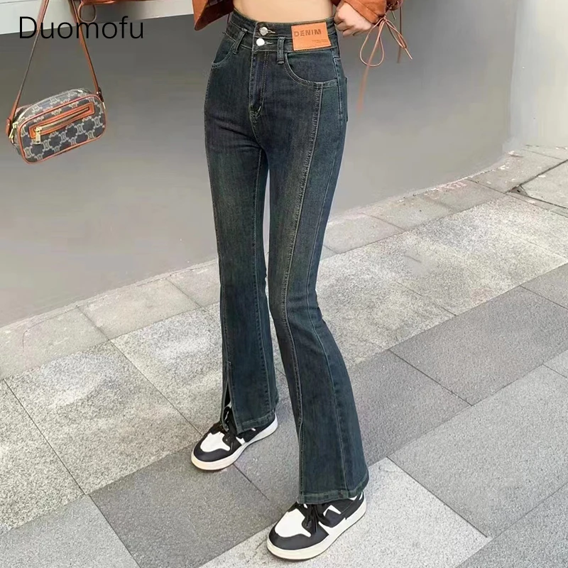 Duomofu Light Blue Chicly High Waist Slim Female Flare Jeans Autumn Classic Split Simple Casual Fashion Full Length Women Jeans