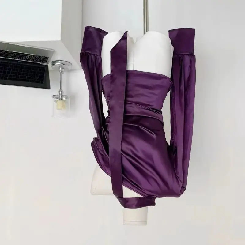 

Новая модная элегантная блузка из атласа с открытыми плечами и лентами, однотонная, весна 2026, для женщин